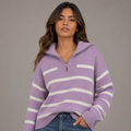 Suéter Tricot Feminino Listrado Navy com Zíper Anabeaz