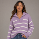 Suéter Tricot Feminino Listrado Navy com Zíper Anabeaz