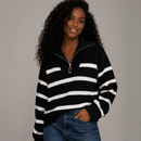 Suéter Tricot Feminino Listrado Navy com Zíper Anabeaz