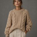 Blusa de frio feminina em tricot grosso com tramas largas e caimento estruturado oversized que não marca o corpo