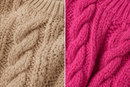 Detalhe aproximado da textura do fio espesso e relevo texturizado das tramas largas do suéter de tricot premium
