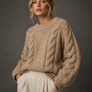 Suéter de tricot encorpado estilo feito à mão combinado com calça de alfaiataria nude para visual de trabalho sofisticado