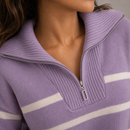 Suéter com Zíper, Tricot Listrado Navy, Blusa Gola Alta com Zíper, Suéter Canelado Grosso, Tricô Half Zip, Blusa Mariniere Feminina, Suéter de Luxo Listrado, Anabeaz, Inverno 2026, Moda Preppy Luxo