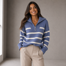 Suéter Tricot Feminino Listrado Navy com Zíper Anabeaz