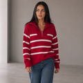 Suéter Tricot Feminino Listrado Navy com Zíper Anabeaz