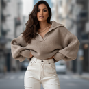 Suéter Tricot Gola Polo Decote V Patchwork Manga Longa Anabeaz