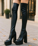 Bota Plataforma Cano Alto Feminina Salto Grosso Elegante | Plus