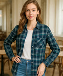 Camisa Xadrez Feminina com Manga Longa Flanelada azul Anabeaz