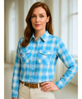 Camisa Xadrez Feminina com Manga Longa Flanelada azul claro e branco Anabeaz