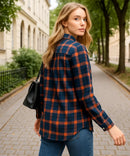 Camisa Xadrez Feminina com Manga Longa Flanelada azul e laranja Anabeaz