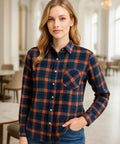 Camisa Xadrez Feminina com Manga Longa Flanelada azul e laranja Anabeaz