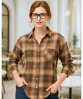 Camisa Xadrez Feminina com Manga Longa Flanelada marrom Anabeaz