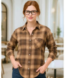 Camisa Xadrez Feminina com Manga Longa Flanelada marrom Anabeaz