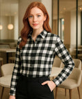 Camisa Xadrez Feminina com Manga Longa Flanelada preto e branco Anabeaz