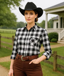 Camisa Xadrez Feminina com Manga Longa Flanelada preto e branco Anabeaz