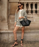 conjunto tricot feminino, conjunto listrado feminino, conjunto casual elegante, conjunto cardigã e shorts, moda feminina confortável, conjunto para eventos
